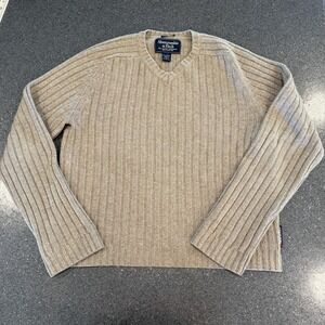 Vintage Abercrombie And Fitch Men's Vneck Tan Ribbed Wool Blend Sweater‎ Preppy